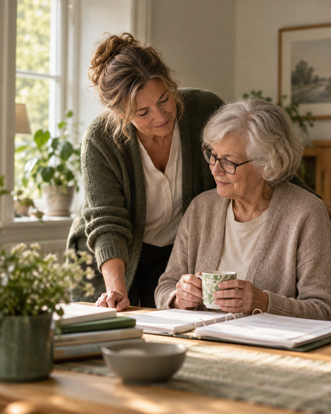 Vuxen dotter och äldre mamma går tillsammans igenom information hemma
