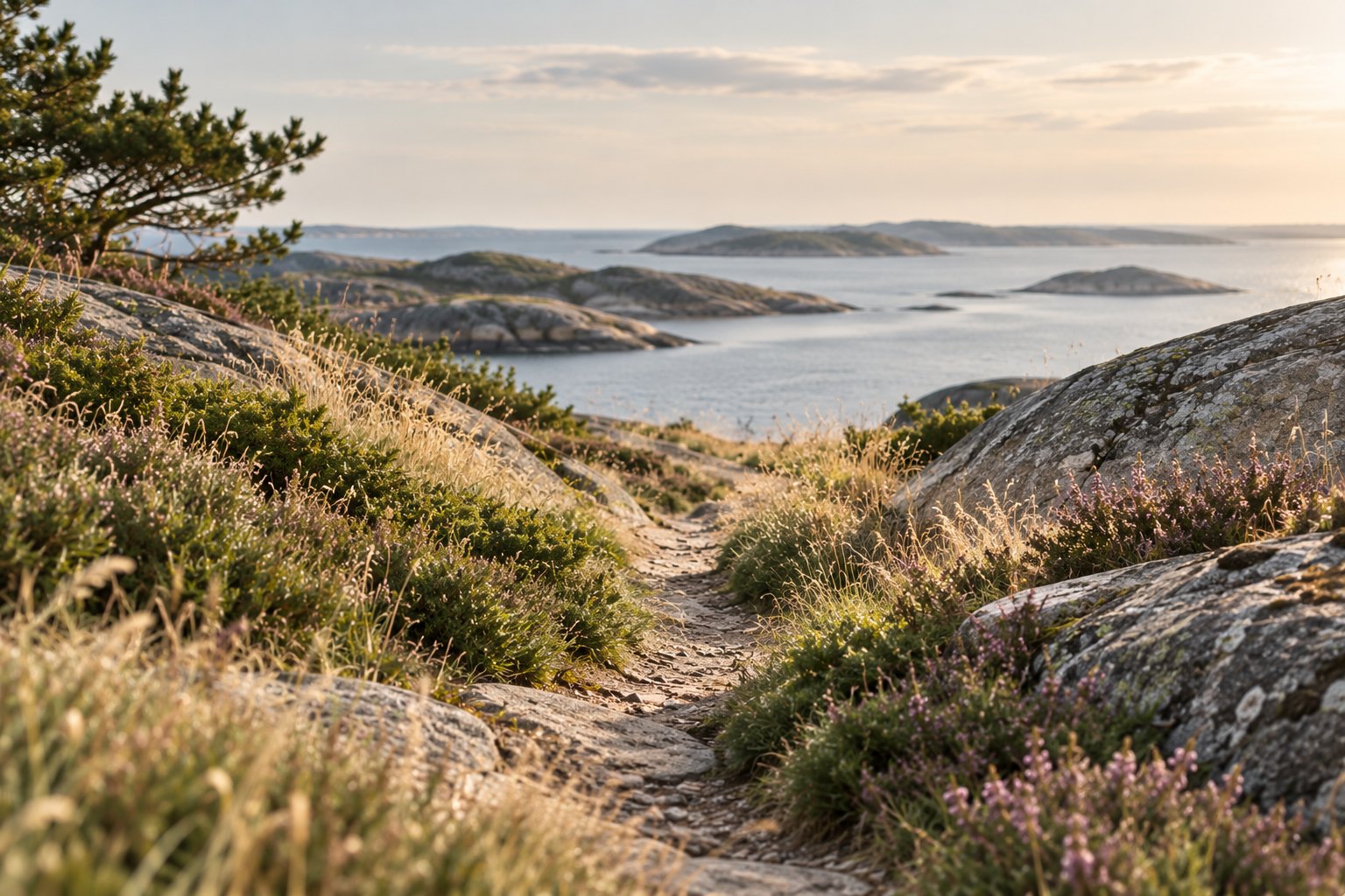 En smal stig genom ett bohuslänskt kustlandskap som leder fram mot havet och horisonten