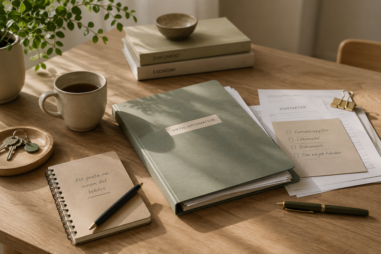 Träbord med grön mapp märkt Viktig information, checklista, nycklar, kaffekopp och anteckningsbok