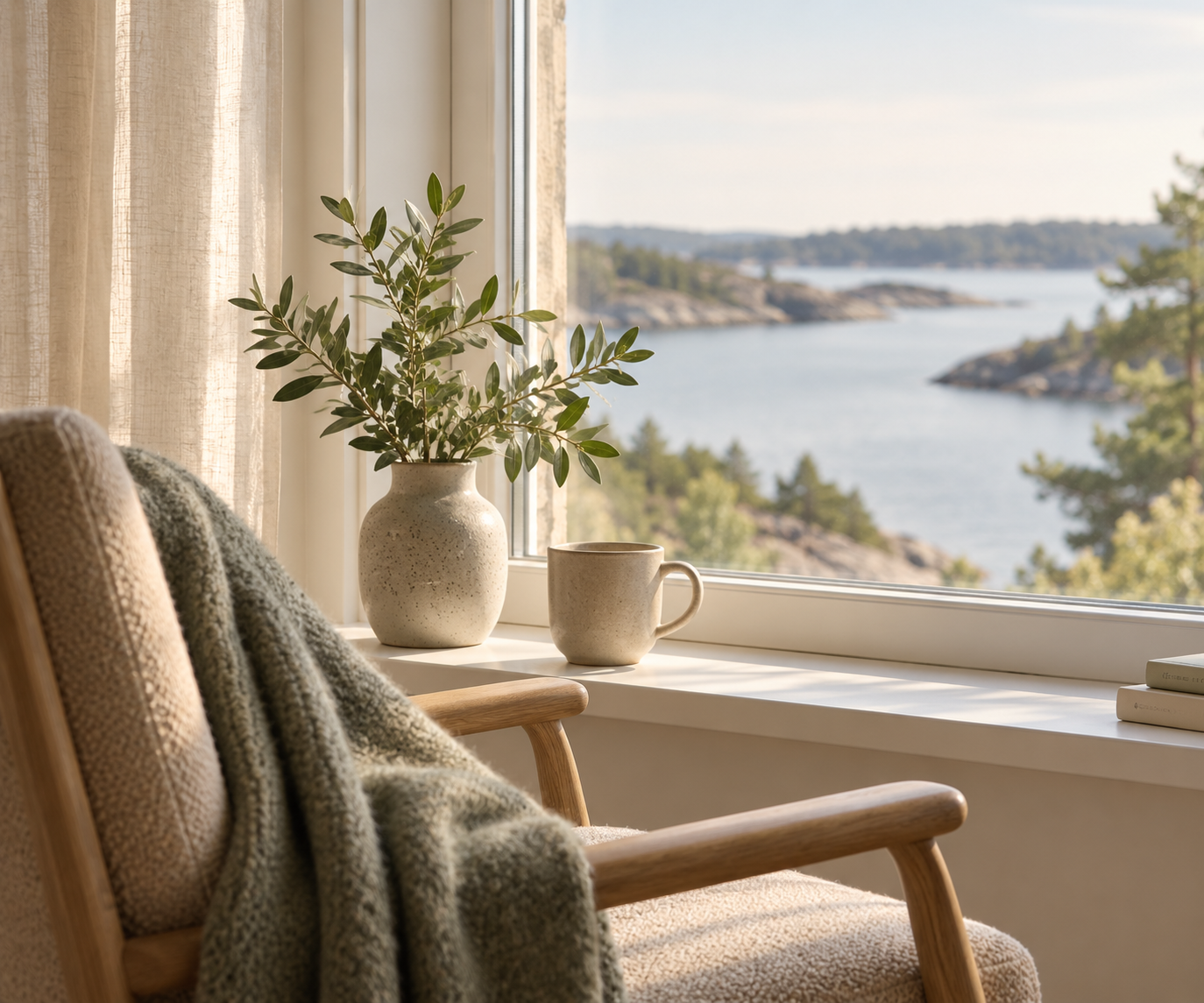 En lugn fåtölj vid ett fönster med en växt och utsikt över skärgården