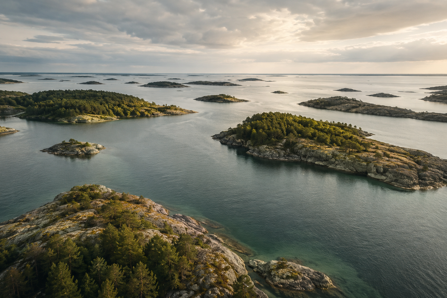 Skärgårdslandskap med klippiga öar, gröna träd och lugnt vatten